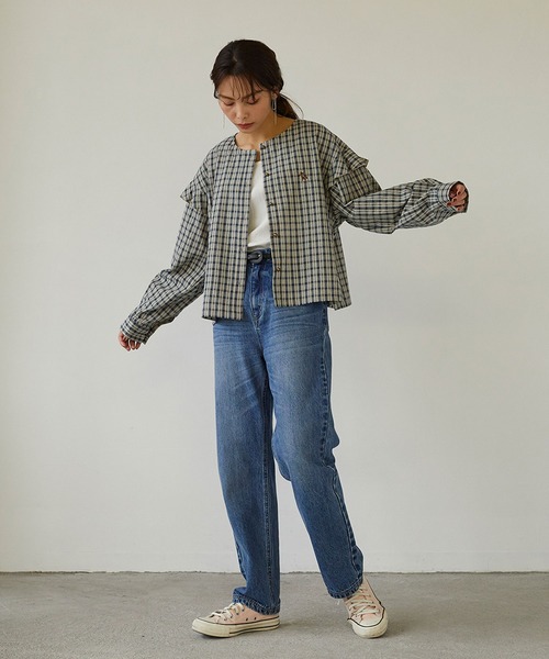 179/WG(イチナナキュウダブルジー)の「クロップドフリルチェックブラウス(シャツ/ブラウス・レディース・ピンク/ブルー/グリーン・MEDIUM)」の6枚目の写真