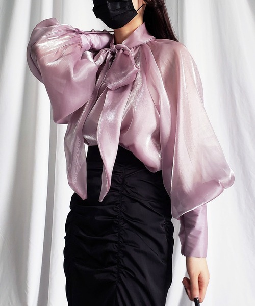 me+em select（ミームセレクト）の「※※【 ８color ／２way】ボリュームスリーブグロッシーリボンブラウス（シャツ/ブラウス・レディース・ホワイト/ブラック/ベージュ/ピンク/パープル/チャコール/クリーム/ブルー・FREE）」の7枚目の写真