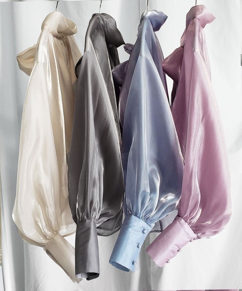 me+em select（ミームセレクト）の「※※【 ８color ／２way】ボリュームスリーブグロッシーリボンブラウス（シャツ/ブラウス・レディース・ホワイト/ブラック/ベージュ/ピンク/パープル/チャコール/クリーム/ブルー・FREE）」の6枚目の写真