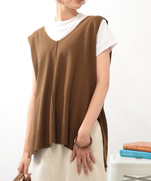 DRESKIP（ドレスキップ）の「◆【再入荷／洗える／プチプラ】Vネック脇リボンニットベスト（ベスト・レディース・グリーン/オフホワイト/ブラック/サンドベージュ/オレンジ/ダークブラウン・00）」の3枚目の写真