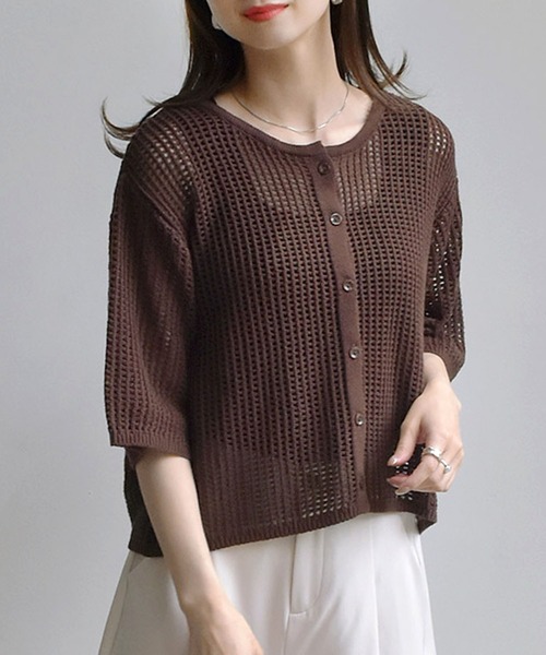 RETRO GIRL（レトロガール）の「ニットメッシュカーデ（ニット/セーター・レディース・ブラウン/オフホワイト/オレンジ/グリーン・FREE）」の3枚目の写真