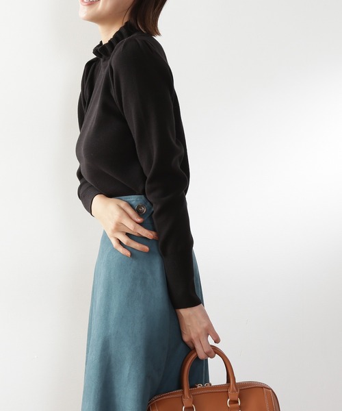 N.(N. Natural Beauty Basic)(エヌエヌナチュラルビューティーベーシック)の「◆フリルネック総針ニット(ニット/セーター・レディース・ライトグレー/ブラック/グリーン・MEDIUM)」の11枚目の写真