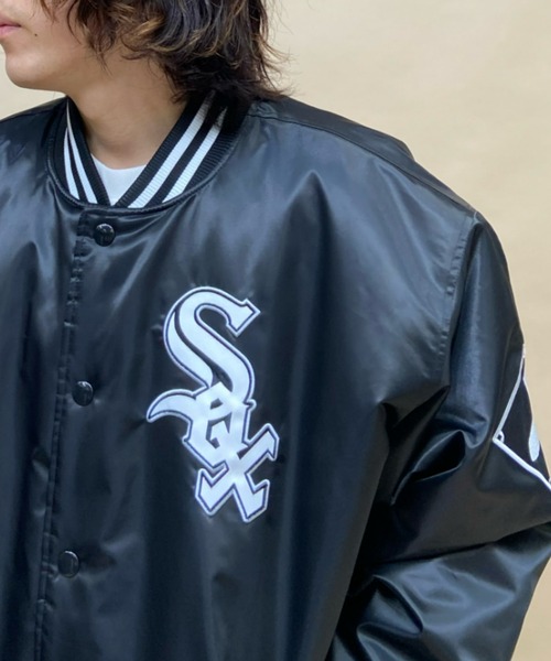 Fanatics（ファナティクス）の「【ムラサキスポーツ別注】Fanatics/ファナティクス MLB メジャーリーグベースボール オーバーサイズ スタジャン/ワッペンロゴ ナイロンジャケット 裏キルティング ブルゾン SMU-MLB-ｻﾃﾝJKT（スタジャン・メンズ・ブラウン/ネイビー/ブラック/ブルー・M/L/XL）」の6枚目の写真