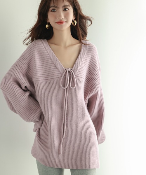 SAISON DE PAPILLON（セゾンドパピヨン）の「コーデの主役になる紐リボン付きリブニット（ニット/セーター・レディース・アイボリー/ブルー/ベージュ/ラベンダー・M/L）」の4枚目の写真