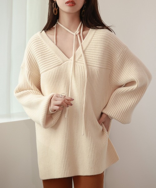 SAISON DE PAPILLON（セゾンドパピヨン）の「コーデの主役になる紐リボン付きリブニット（ニット/セーター・レディース・アイボリー/ブルー/ベージュ/ラベンダー・M/L）」の7枚目の写真