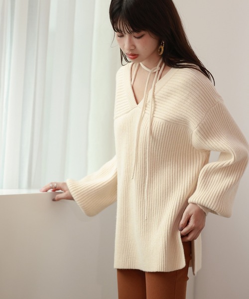 SAISON DE PAPILLON（セゾンドパピヨン）の「コーデの主役になる紐リボン付きリブニット（ニット/セーター・レディース・アイボリー/ブルー/ベージュ/ラベンダー・M/L）」の8枚目の写真