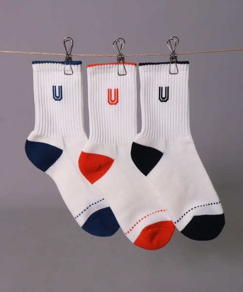 UNIVERSAL OVERALL(ユニバーサルオーバーオール)の「(LG)【UNIVERSAL OVERALL】【3足セット】サイド ロゴ クルー ソックス(ソックス/靴下・レディース・ホワイト系その他2/ホワイト系その他・25-27CM/23-25cm)」の1枚目の写真