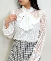 ボウタイ付キャンディー袖ハイネックレーストップス