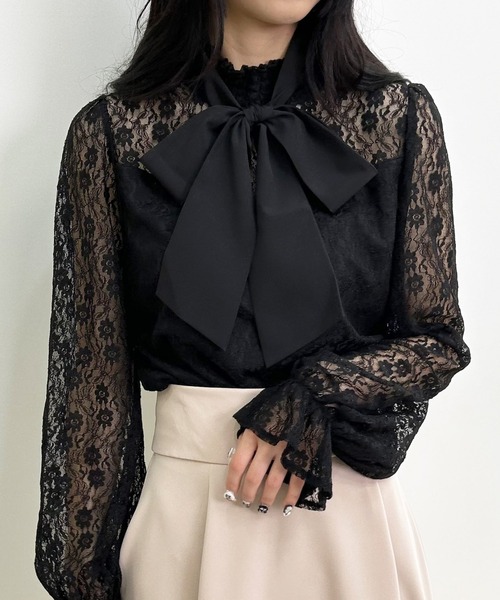 INGNI（イング）の「ボウタイ付キャンディー袖ハイネックレーストップス（Tシャツ/カットソー・レディース・ブラック/オフホワイト/グレー系その他・M）」の2枚目の写真