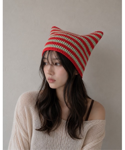 セール】【HIKA】猫耳ボーダーワッチCAP（ニットキャップ/ビーニー