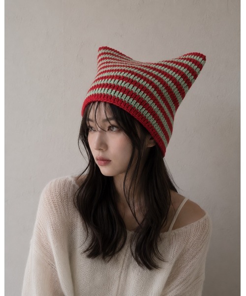 セール】【HIKA】猫耳ボーダーワッチCAP（ニットキャップ/ビーニー