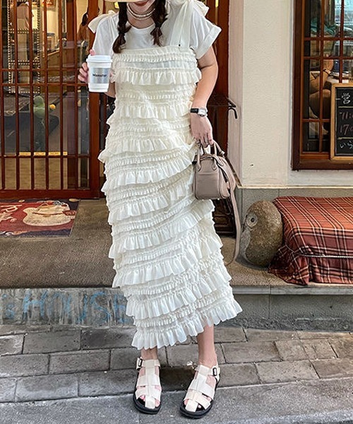 gossip!ロサンゼルス(ゴシップロサンゼルス)の「フリル リボン紐付き 調整可能ストラップ ティアードキャミワンピース「韓国ファッション フェミニン定番」(ワンピース・レディース・ホワイト/ブラック/オフホワイト・FREE)」の9枚目の写真