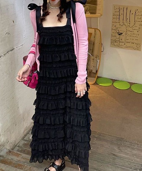 gossip!ロサンゼルス(ゴシップロサンゼルス)の「フリル リボン紐付き 調整可能ストラップ ティアードキャミワンピース「韓国ファッション フェミニン定番」(ワンピース・レディース・ホワイト/ブラック/オフホワイト・FREE)」の19枚目の写真