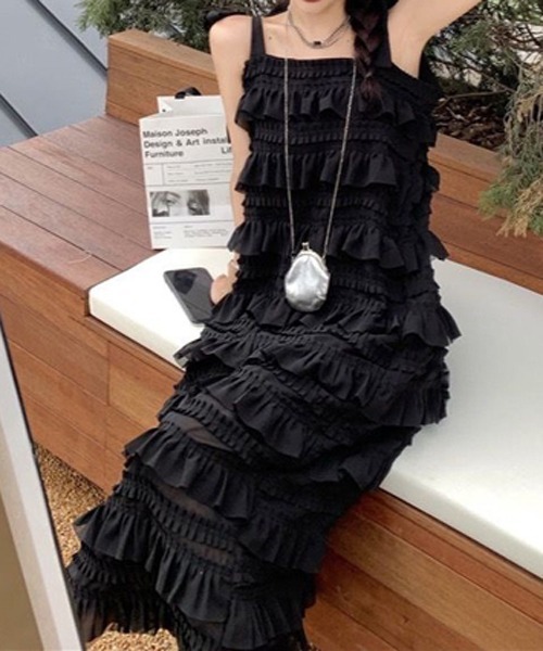 gossip!ロサンゼルス(ゴシップロサンゼルス)の「フリル リボン紐付き 調整可能ストラップ ティアードキャミワンピース「韓国ファッション フェミニン定番」(ワンピース・レディース・ホワイト/ブラック/オフホワイト・FREE)」の16枚目の写真