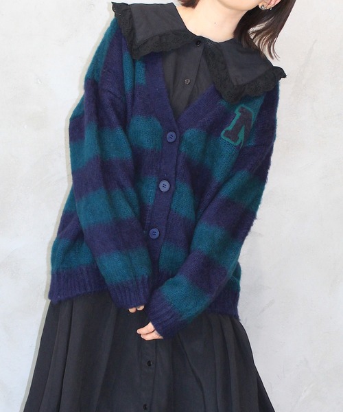 INTER FACTORY（インターファクトリー）の「nene - モヘアライクボーダー カーディガン　made in INTER FACTORY（カーディガン/ボレロ・レディース・イエロー/グリーン/レッド・FREE）」の4枚目の写真