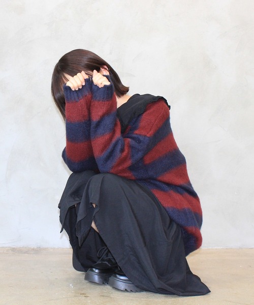 INTER FACTORY（インターファクトリー）の「nene - モヘアライクボーダー カーディガン　made in INTER FACTORY（カーディガン/ボレロ・レディース・イエロー/グリーン/レッド・FREE）」の12枚目の写真