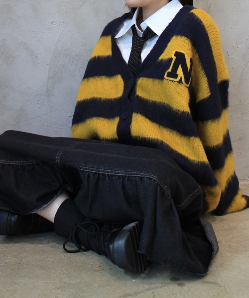 INTER FACTORY（インターファクトリー）の「nene - モヘアライクボーダー カーディガン　made in INTER FACTORY（カーディガン/ボレロ・レディース・イエロー/グリーン/レッド・FREE）」の16枚目の写真