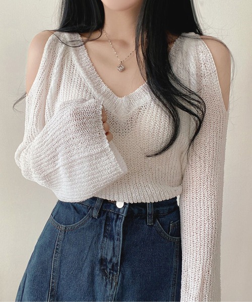 Chick（チック）の「オフショルダーシアーニット（ニット/セーター・レディース・ブラウン/ベージュ/ホワイト/ブラック・FREE）」の11枚目の写真