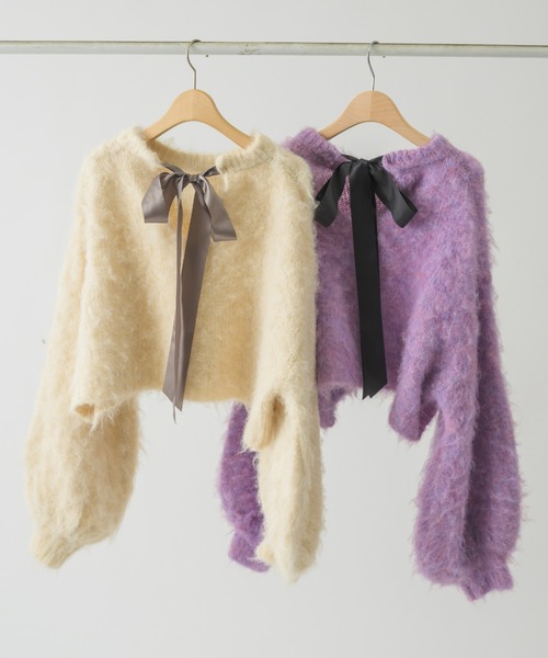 idem（イデム）の「back ribbon mohair knit/バックリボンモヘアニット（ニット/セーター・レディース・パープル/アイボリー・FREE）」の7枚目の写真
