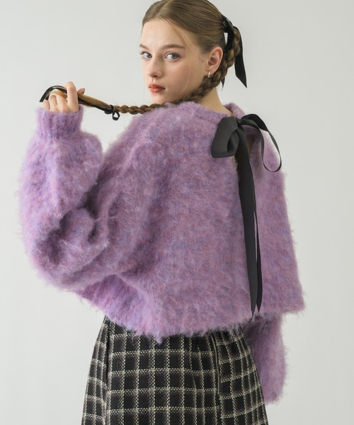 idem（イデム）の「back ribbon mohair knit/バックリボンモヘアニット（ニット/セーター・レディース・パープル/アイボリー・FREE）」の6枚目の写真