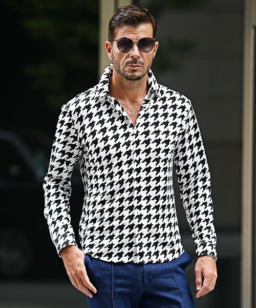 イタリアンカラー総柄長袖シャツ メンズ 無地 千鳥柄 チェックシャツ