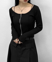 LVEU. | 【LVEU.】フロントジップオープンネックトップス / トップス カットソー リブ ジップ 羽織り カーディガン カーデ オープンネック クロップド ショート丈 ブラック グレー(Tシャツ/カットソー)