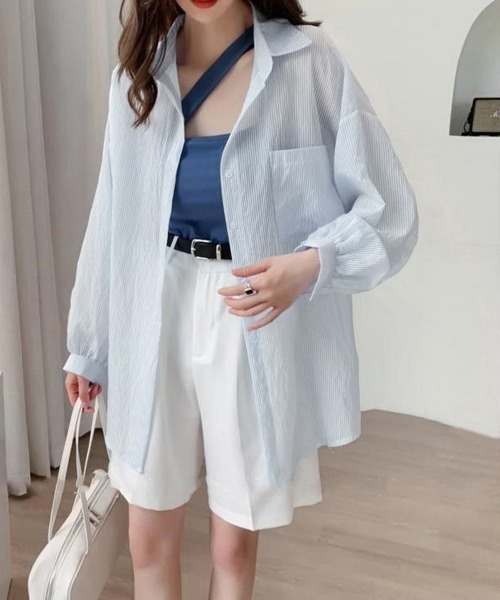 Miniministore(ミニミニストア)の「ストライプ ブラウス シアーシャツ 夏服(カーディガン/ボレロ・レディース・ブルー/ピンク/ホワイト・FREE)」の2枚目の写真