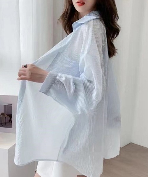 Miniministore(ミニミニストア)の「ストライプ ブラウス シアーシャツ 夏服(カーディガン/ボレロ・レディース・ブルー/ピンク/ホワイト・FREE)」の7枚目の写真