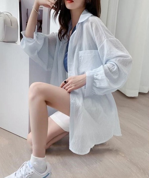 Miniministore(ミニミニストア)の「ストライプ ブラウス シアーシャツ 夏服(カーディガン/ボレロ・レディース・ブルー/ピンク/ホワイト・FREE)」の9枚目の写真