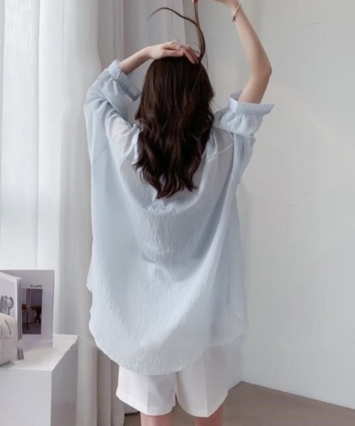 Miniministore(ミニミニストア)の「ストライプ ブラウス シアーシャツ 夏服(カーディガン/ボレロ・レディース・ブルー/ピンク/ホワイト・FREE)」の10枚目の写真