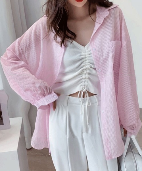 Miniministore(ミニミニストア)の「ストライプ ブラウス シアーシャツ 夏服(カーディガン/ボレロ・レディース・ブルー/ピンク/ホワイト・FREE)」の12枚目の写真
