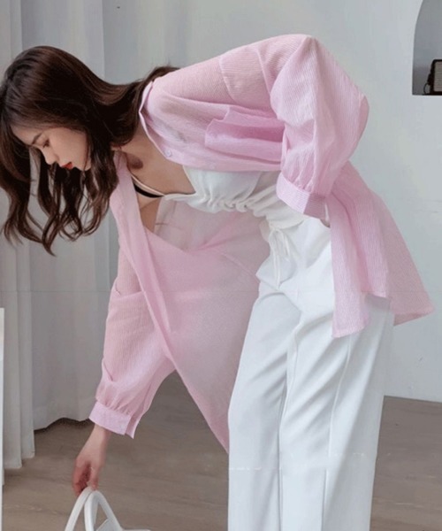 Miniministore(ミニミニストア)の「ストライプ ブラウス シアーシャツ 夏服(カーディガン/ボレロ・レディース・ブルー/ピンク/ホワイト・FREE)」の14枚目の写真