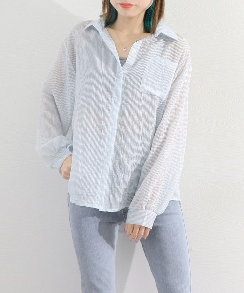 Miniministore(ミニミニストア)の「ストライプ ブラウス シアーシャツ 夏服(カーディガン/ボレロ・レディース・ブルー/ピンク/ホワイト・FREE)」の15枚目の写真