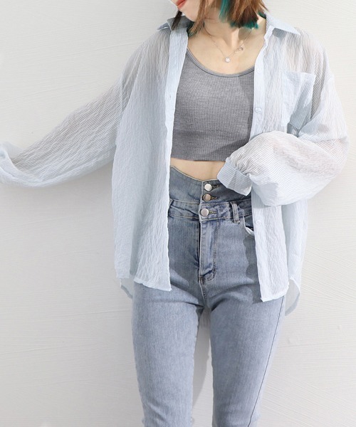 Miniministore(ミニミニストア)の「ストライプ ブラウス シアーシャツ 夏服(カーディガン/ボレロ・レディース・ブルー/ピンク/ホワイト・FREE)」の16枚目の写真