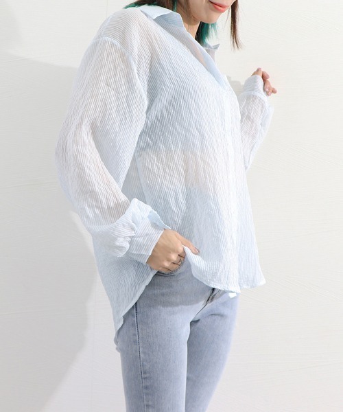 Miniministore(ミニミニストア)の「ストライプ ブラウス シアーシャツ 夏服(カーディガン/ボレロ・レディース・ブルー/ピンク/ホワイト・FREE)」の17枚目の写真