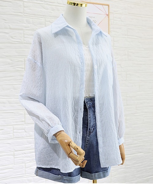 Miniministore(ミニミニストア)の「ストライプ ブラウス シアーシャツ 夏服(カーディガン/ボレロ・レディース・ブルー/ピンク/ホワイト・FREE)」の19枚目の写真