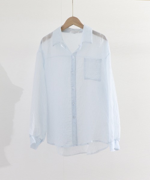 Miniministore(ミニミニストア)の「ストライプ ブラウス シアーシャツ 夏服(カーディガン/ボレロ・レディース・ブルー/ピンク/ホワイト・FREE)」の21枚目の写真