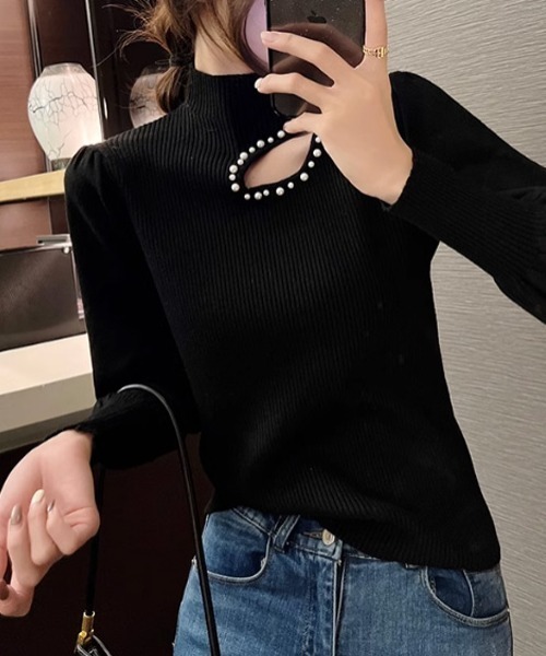 COCOMOMO(ココモモ)の「パール付き カットアウトハイネックニット(ニット/セーター・レディース・ベージュ/ブラック/アイボリー/オリーブ・FREE)」の16枚目の写真