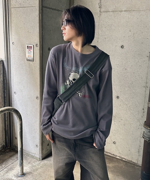 LGBダークグレー スカルプリント 長袖Tシャツ sedacle（セダクル）の「スカルプリントワッフルロンT（Tシャツ