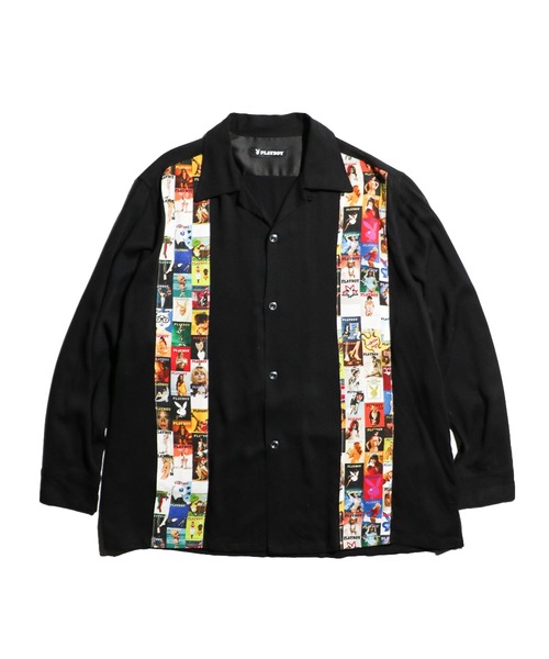 PLAYBOY(プレイボーイ)の「PLAYBOY / プレイボーイ 100 COVER SHIRT レーヨンブロード オープンカラー 総柄シャツ(シャツ/ブラウス・メンズ・ブラック/その他1・MEDIUM/LARGE)」の1枚目の写真