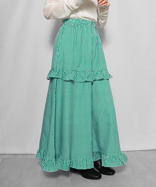 sevens(セブンズ)の「【sevens】ストライプフリルティアードスカート(スカート・レディース・グリーン/ブルー・FREE)」の3枚目の写真
