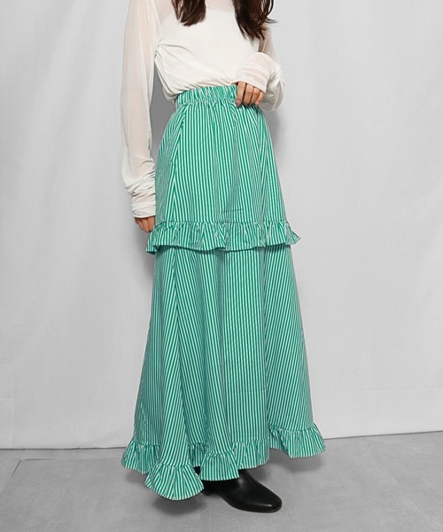 sevens(セブンズ)の「【sevens】ストライプフリルティアードスカート(スカート・レディース・グリーン/ブルー・FREE)」の4枚目の写真