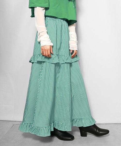 sevens(セブンズ)の「【sevens】ストライプフリルティアードスカート(スカート・レディース・グリーン/ブルー・FREE)」の6枚目の写真