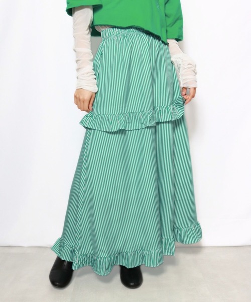 sevens(セブンズ)の「【sevens】ストライプフリルティアードスカート(スカート・レディース・グリーン/ブルー・FREE)」の9枚目の写真