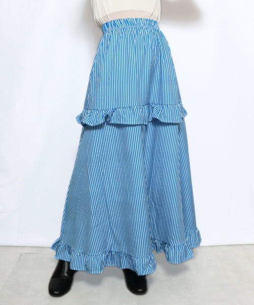 sevens(セブンズ)の「【sevens】ストライプフリルティアードスカート(スカート・レディース・グリーン/ブルー・FREE)」の12枚目の写真