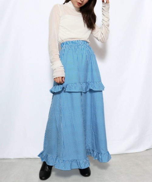 sevens(セブンズ)の「【sevens】ストライプフリルティアードスカート(スカート・レディース・グリーン/ブルー・FREE)」の13枚目の写真