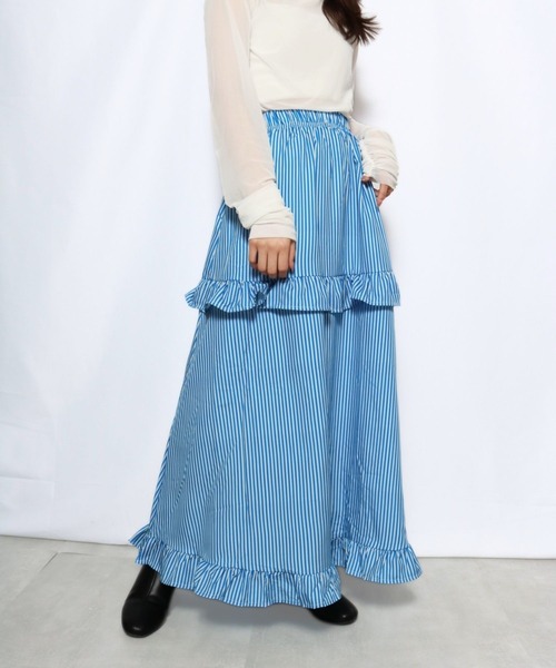 sevens(セブンズ)の「【sevens】ストライプフリルティアードスカート(スカート・レディース・グリーン/ブルー・FREE)」の14枚目の写真