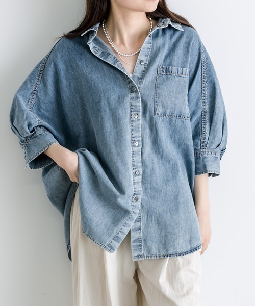 PUAL CE CIN（ピュアルセシン）の「綿麻デニムハーフスリーブブラウス（シャツ/ブラウス・レディース・サックスブルー/インディゴブルー・FREE）」の9枚目の写真