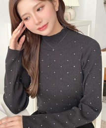 ラインストーンハイネックニットプルオーバー