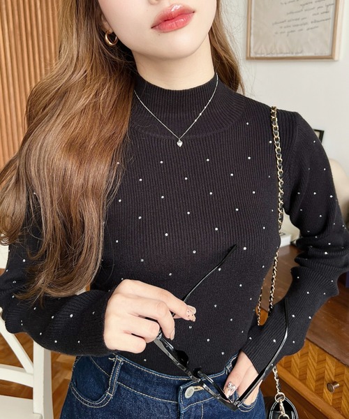 セール】ラインストーンハイネックニットプルオーバー（ニット